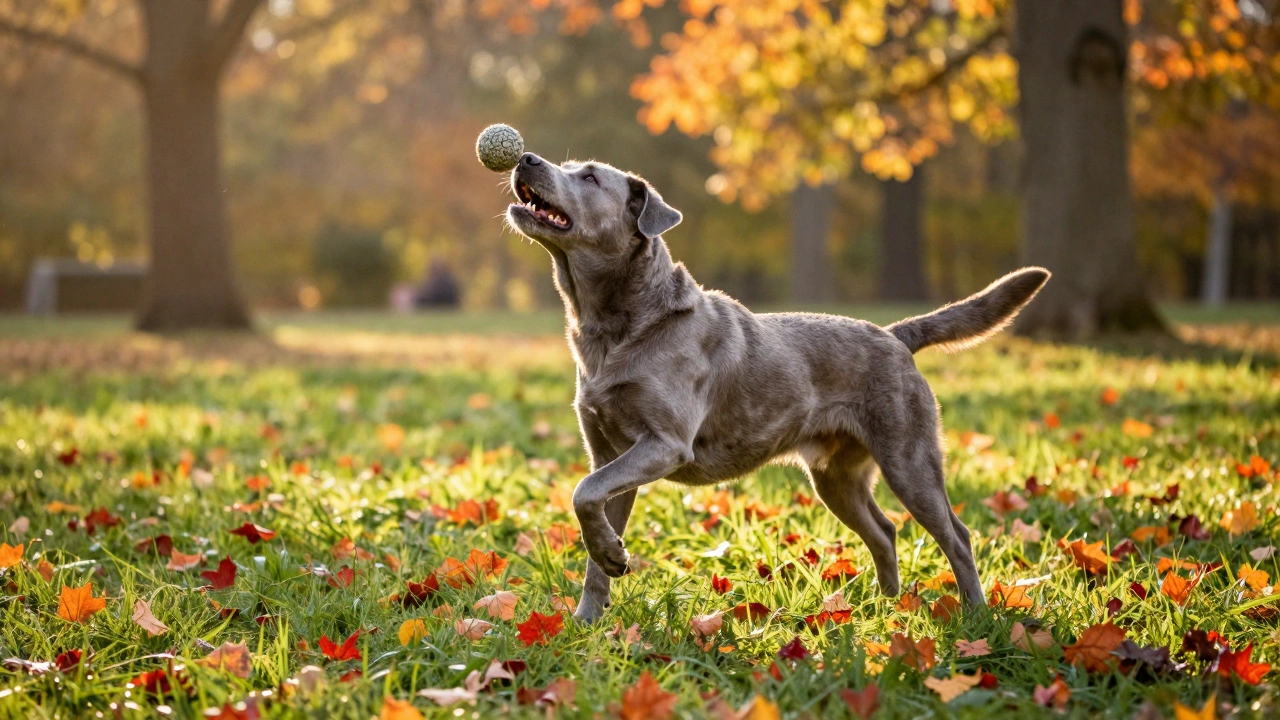 Серебристый лабрадор весело играет с мячом в осеннем парке