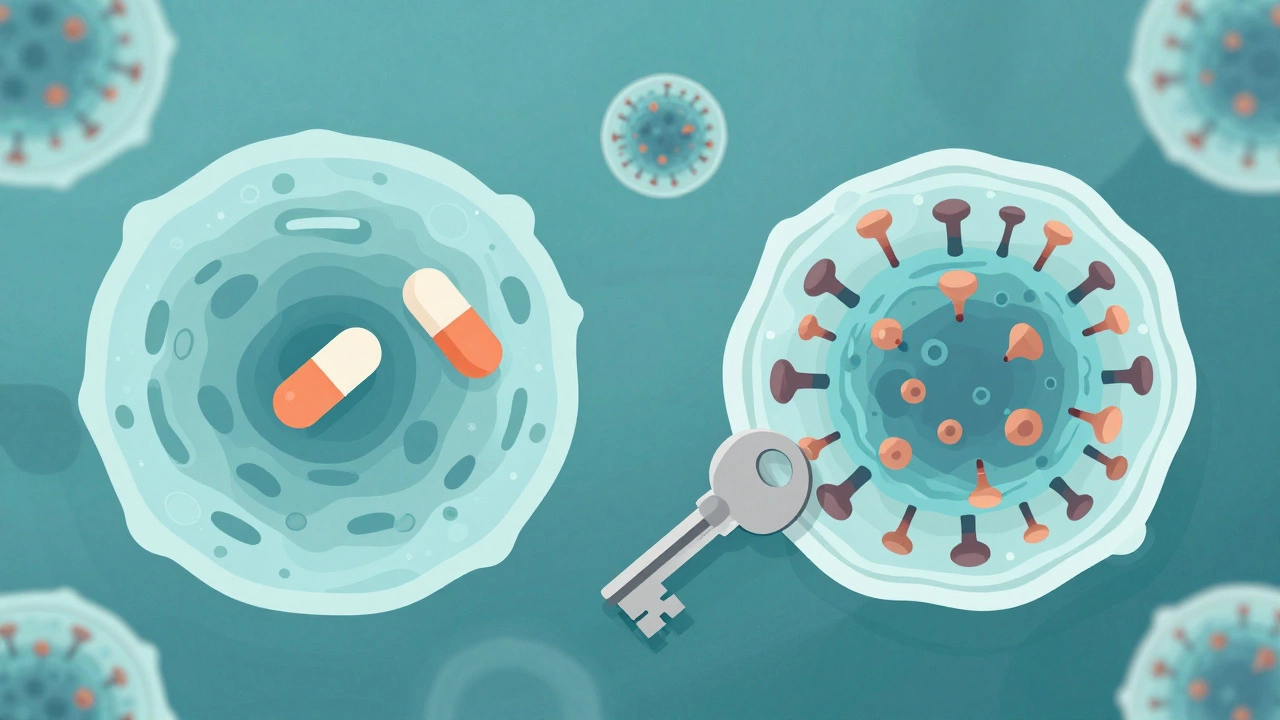 Схематичное изображение действия антибиотиков на бактерии и их бесполезности против вирусов