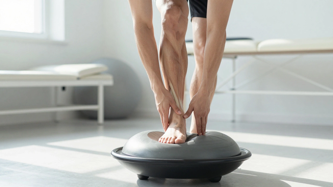Спортсмен тренирует баланс на баланс-борде в реабилитационном центре