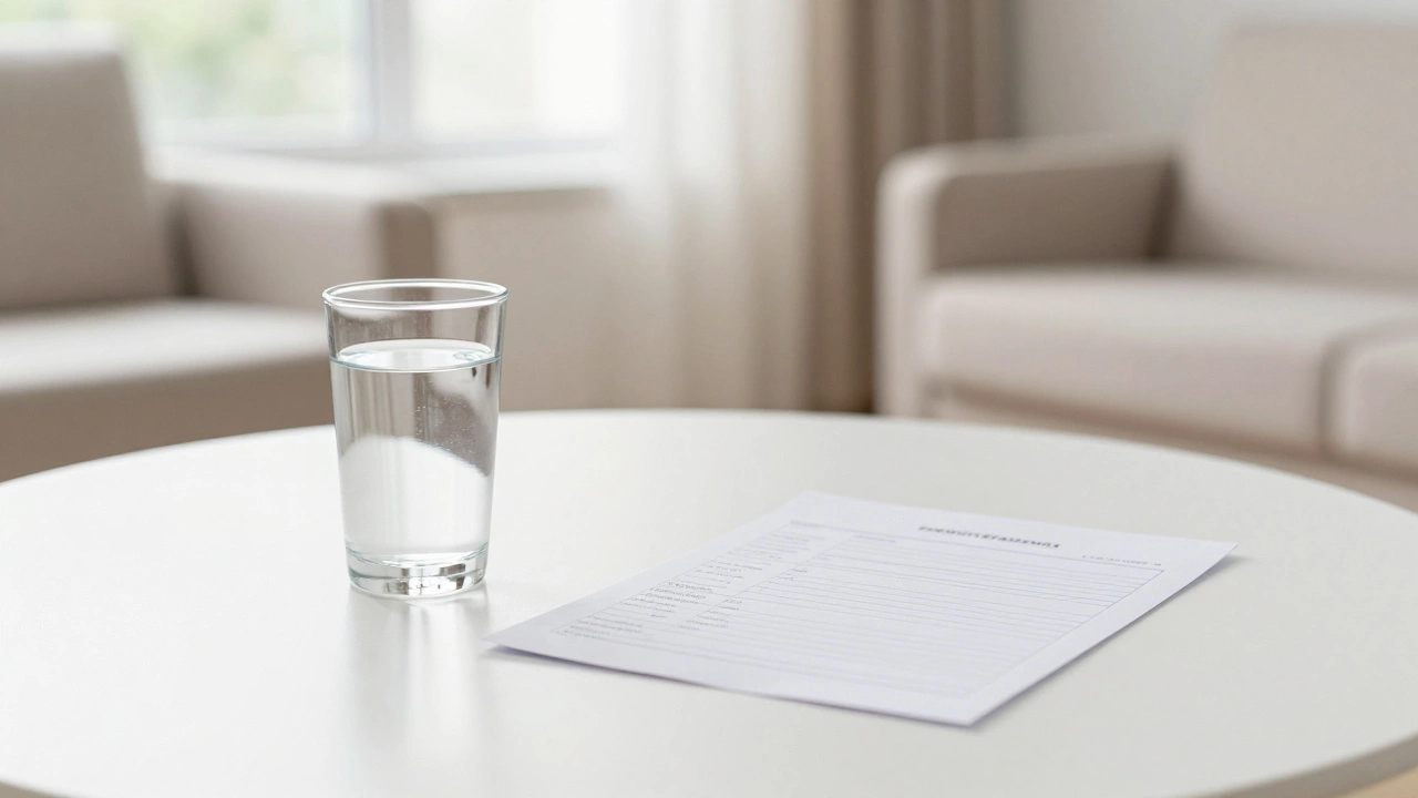 Стакан воды и бланк анализа в спокойной обстановке перед обследованием