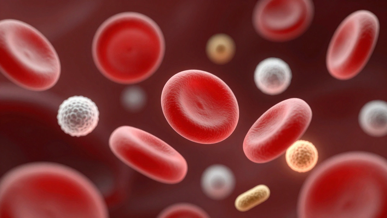 Стилизованное изображение клеток крови и биохимических маркеров в плазме