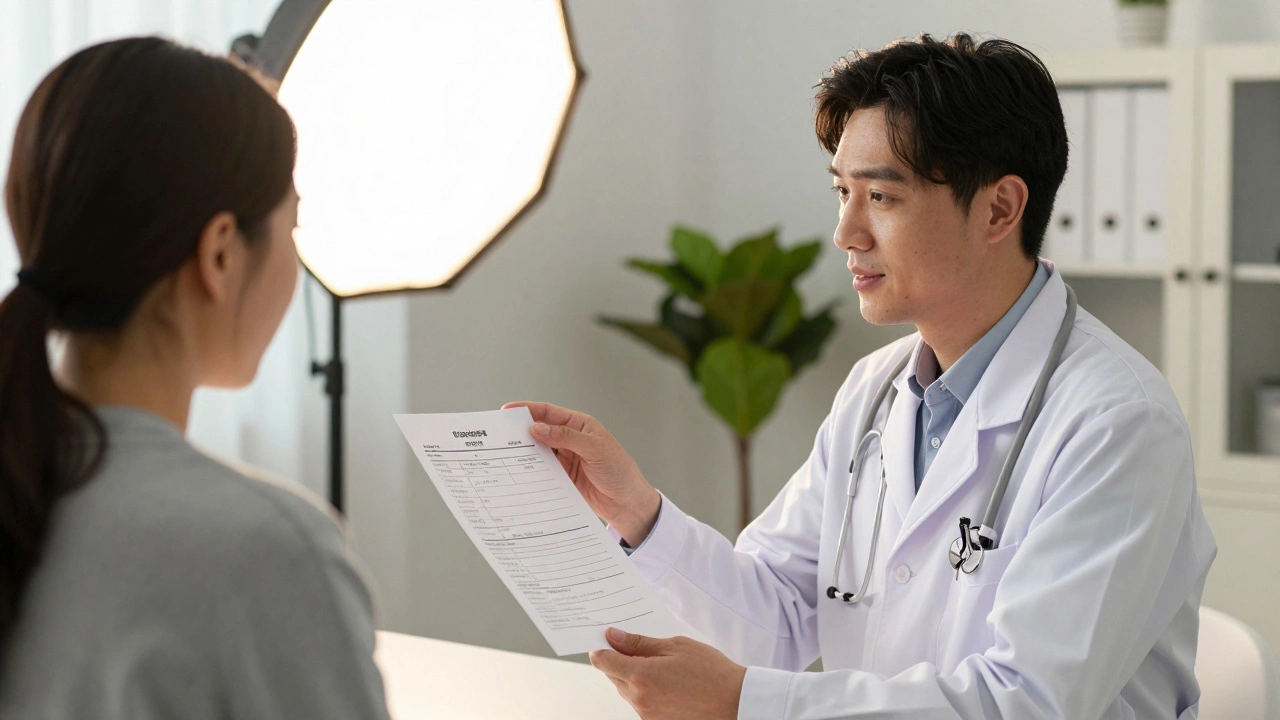 Врач в белом халате объясняет пациенту результаты анализа крови