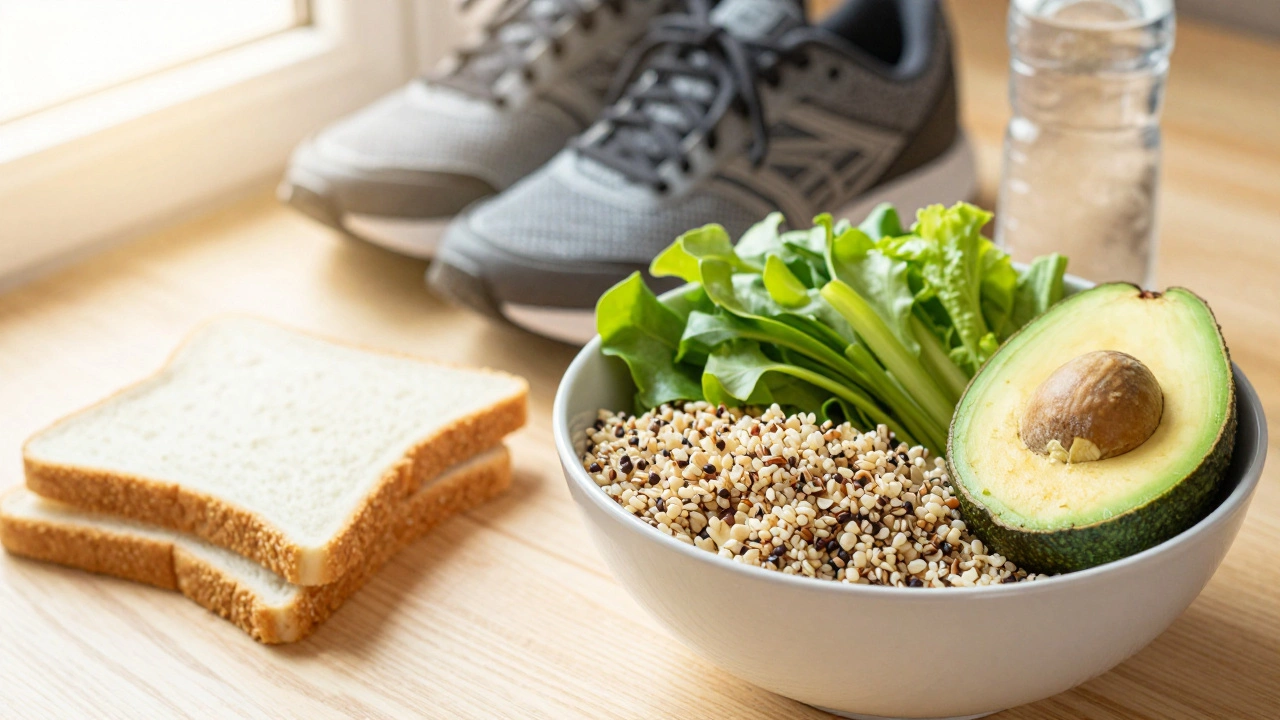 Здоровая еда и спортивная обувь как символ перехода к здоровому образу жизни и ремиссии