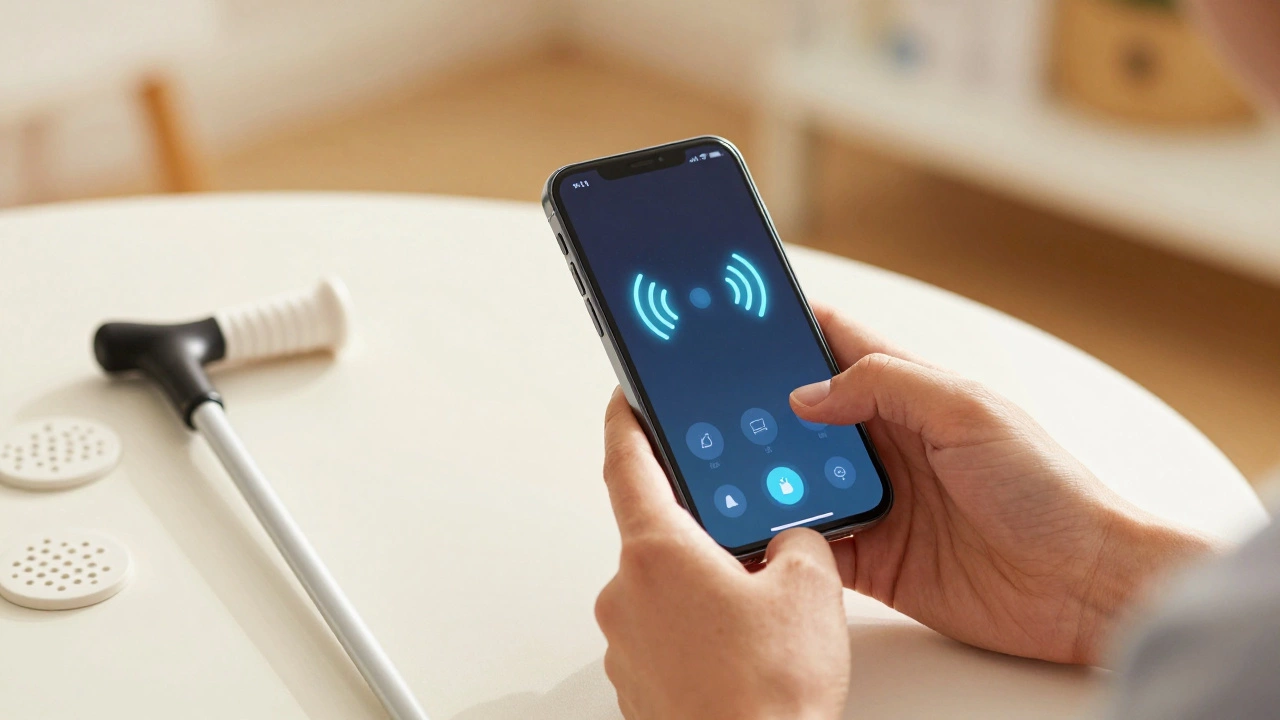 Человек использует смартфон с доступным интерфейсом и трость для навигации